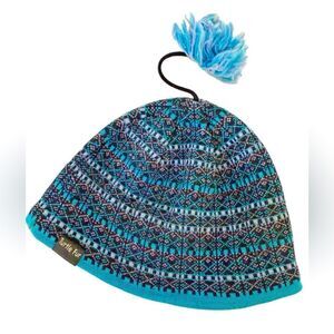 vtg Turtle Fur tassel beanie turquoise black winter hat merino wool knit